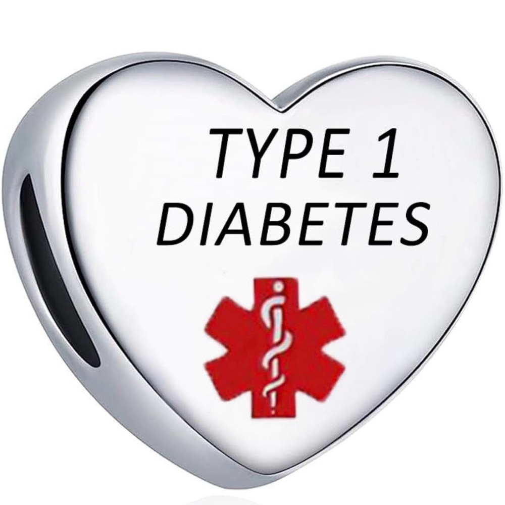 Heart Medical Alert Charm - Type 1 Diabetes - Silver with Red Emblem